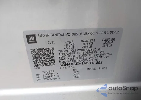 2021 Chevrolet Equinox Awd Ls из США, поврежденный, VIN 3GNAXSEV1MS141892